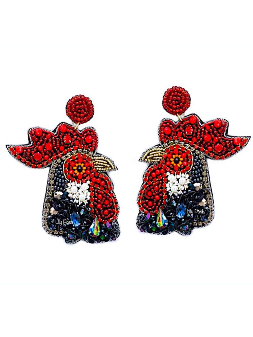Beaded Rooster Earring, Seed Bead Chicken Earring, Lily Posh - Picture 2 of 2